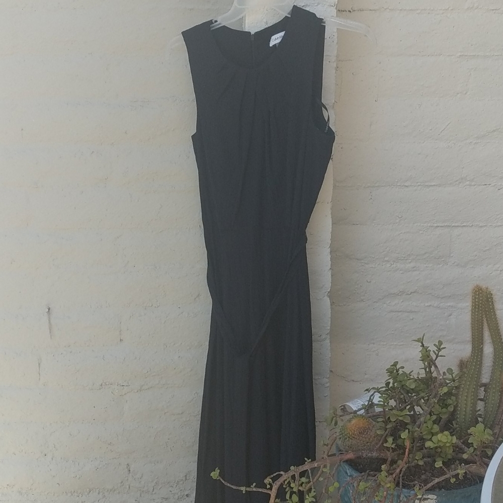 Navy crepe scalloped neck dress